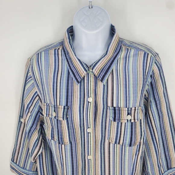 Liz Claiborne Blue Multi Stripe Crinkle 3/4 Sleeve Button Down Women 2X Shirt - Picture 3 of 9